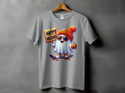 Ghost wearing a beanie and sunglasses rides a skateboard, holding a pumpkin and sign that says "HAPPY HALLOWER".