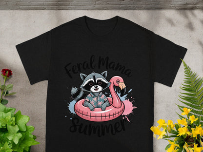 Feral Mama Summer Raccoon and Flamingo Graphic T-Shirt