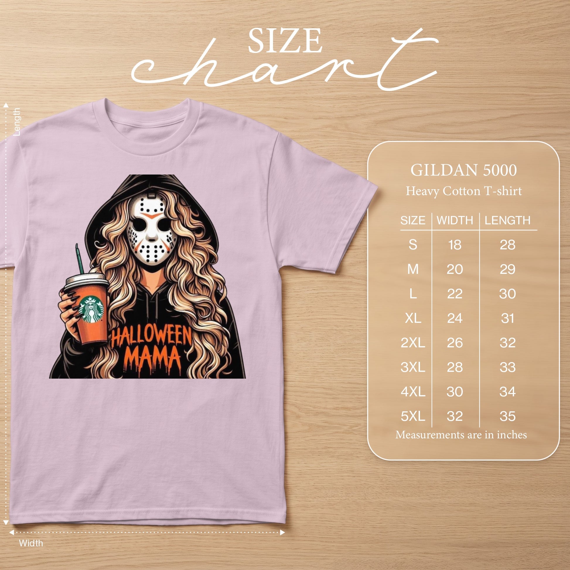 Pink t-shirt with "Halloween Mama" graphic and a size chart.