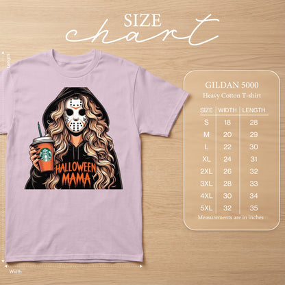 Pink t-shirt with "Halloween Mama" graphic and a size chart.