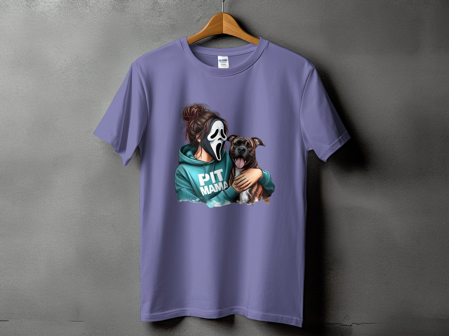 Purple t-shirt with a graphic of a person in a scream mask hugging a dog, text reads "PIT MAMA".