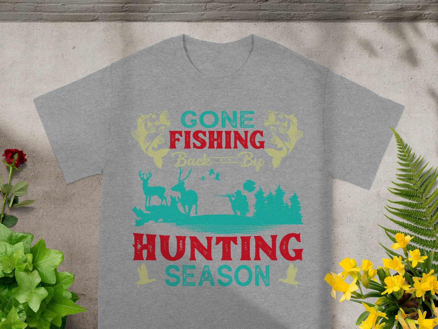 Grey t-shirt with "Gone Fishing Back By Hunting Season" text and graphics.