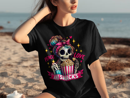 Peace Love and Snacks Skeleton Graphic T-Shirt