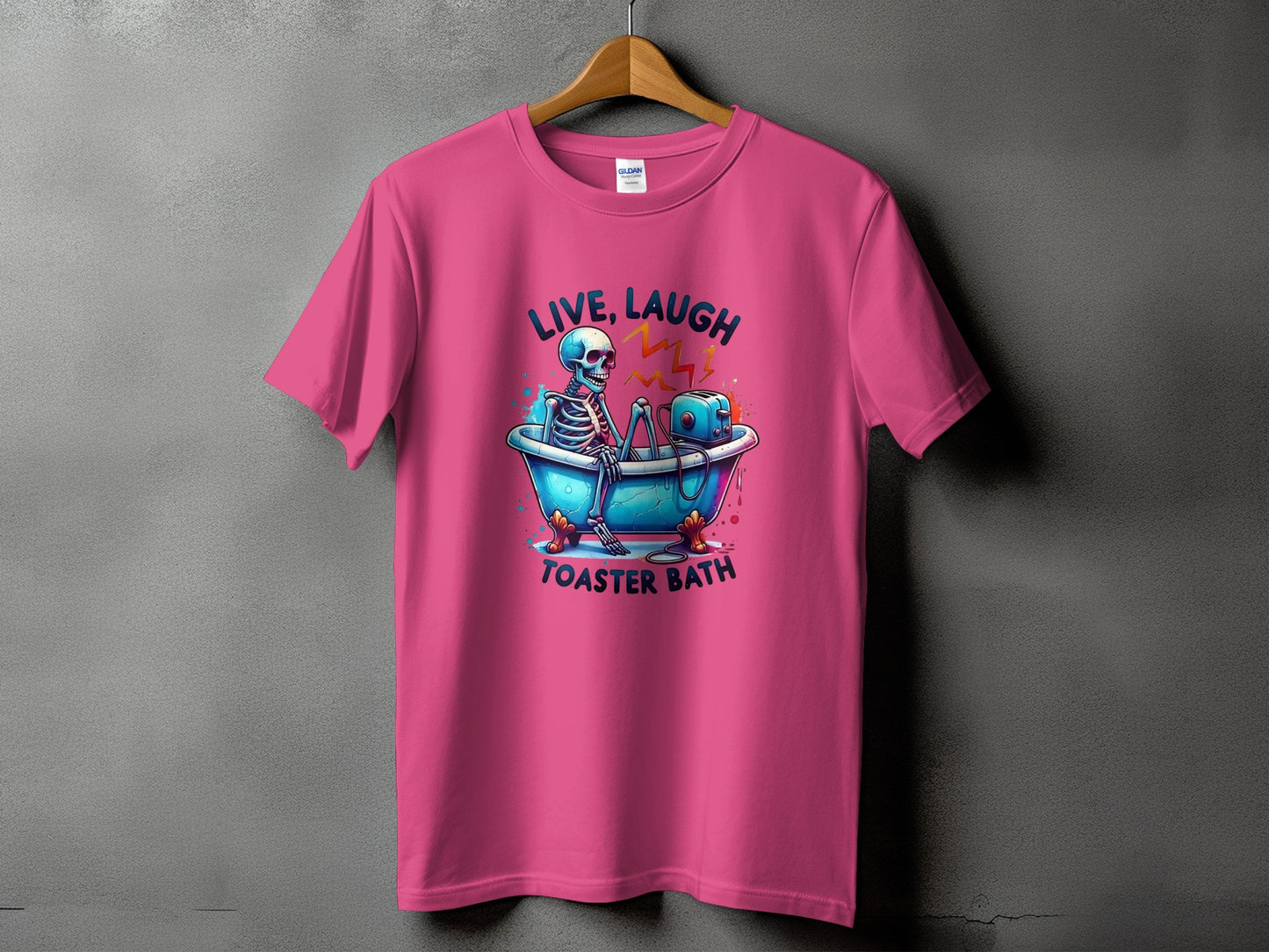 Skeleton in a bathtub with a toaster and text "LIVE, LAUGH TOASTER BATH".