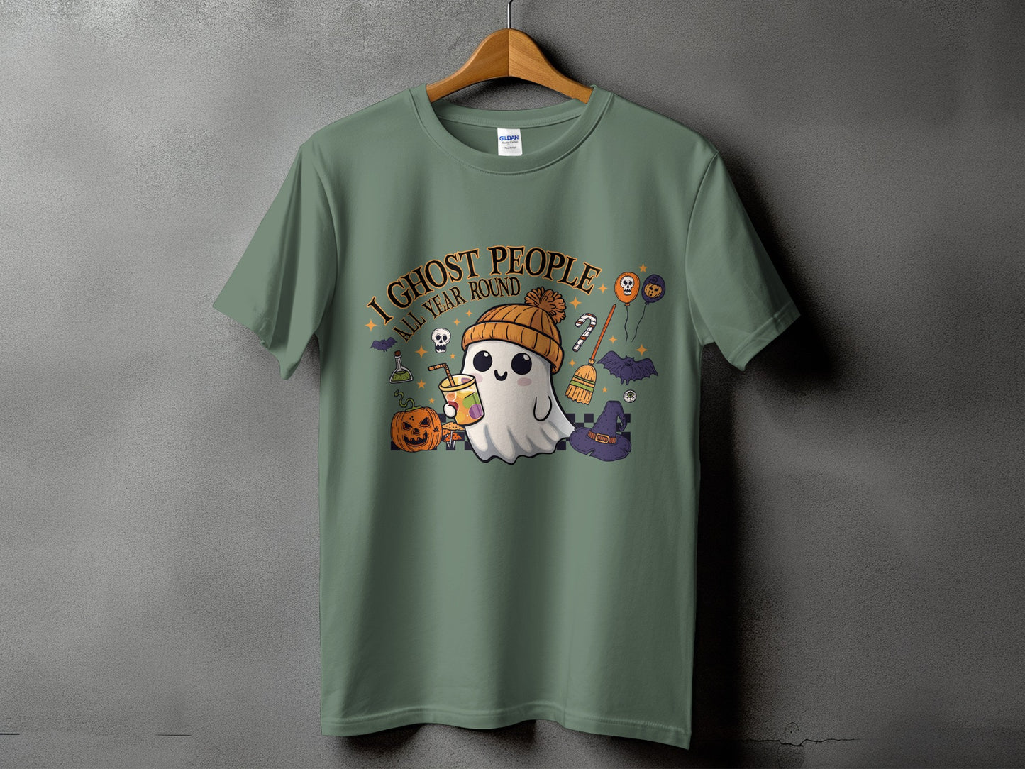 Ghost with drink and Halloween icons, text "I GHOST PEOPLE ALL YEAR ROUND".