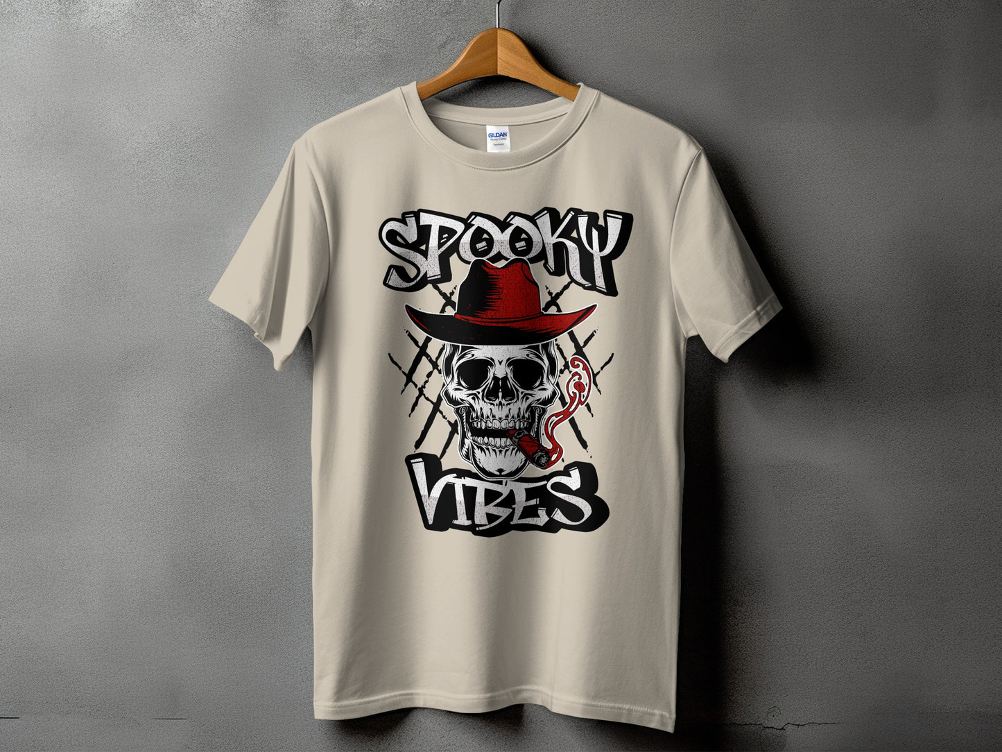 T-shirt with skull, cigar, and "Spooky Vibes" text.