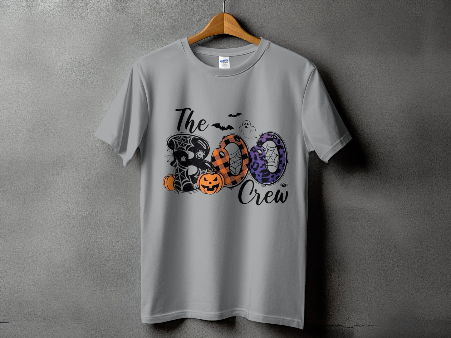 Gray t-shirt with "The Boo Crew" text and Halloween graphics.