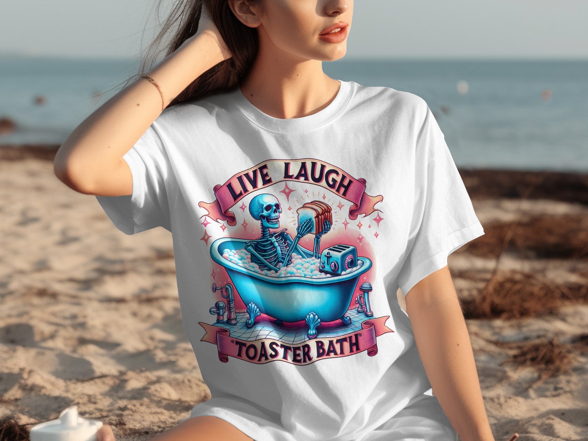 Live Laugh Toaster Bath Skeleton Design T-shirt