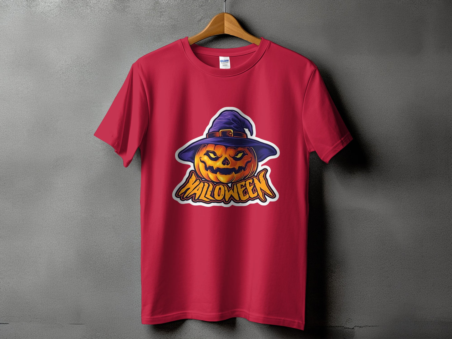 Red t-shirt with a jack-o'-lantern wearing a witch hat and "Halloween" text.
