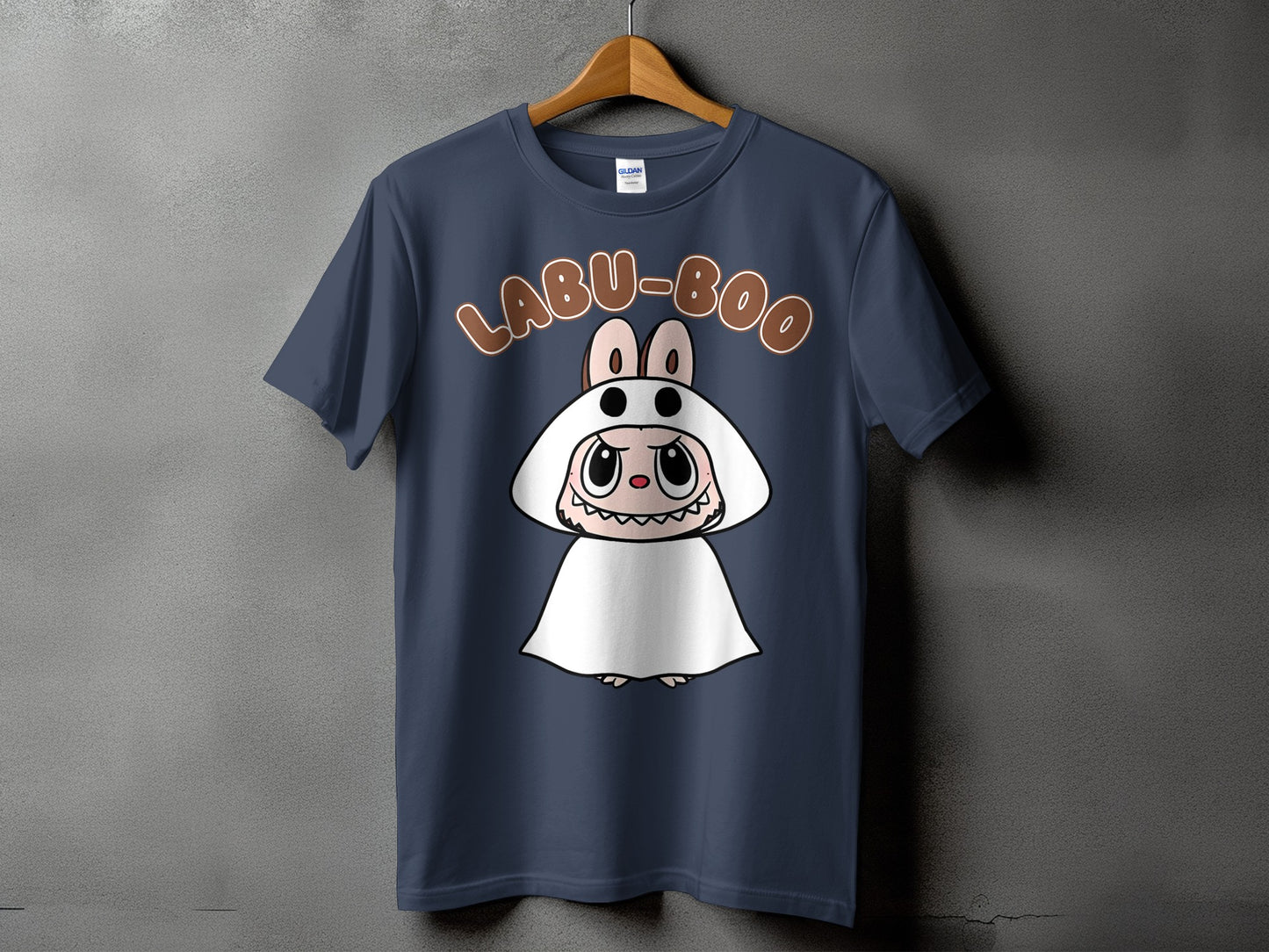Navy t-shirt with a cartoon ghost character and "LABU-BOO" text.