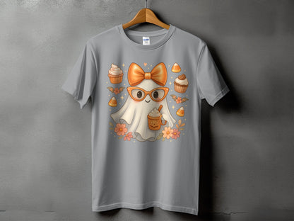 Ghost wearing glasses and bow with cupcakes, candy corn, and flowers.