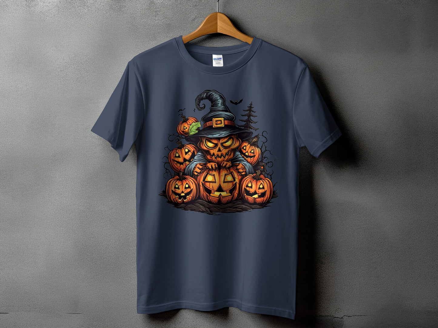 Jack-o'-lantern character in witch hat with surrounding pumpkins and bats.