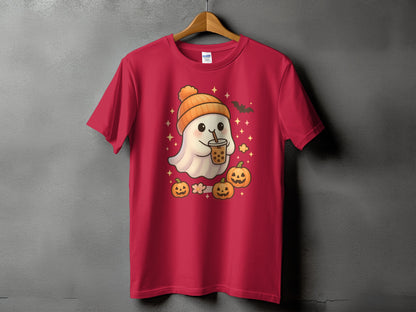 Red t-shirt with a cartoon ghost holding bubble tea, pumpkins, and a bat.