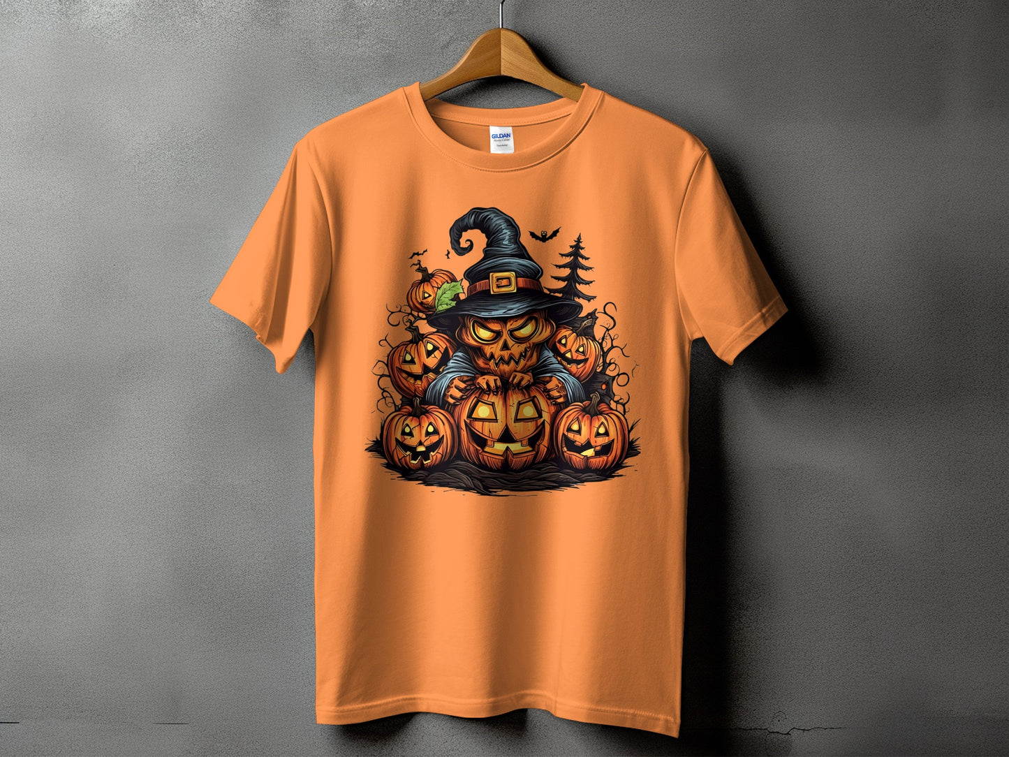 Orange t-shirt with a Halloween graphic of a jack-o'-lantern king surrounded by pumpkins.