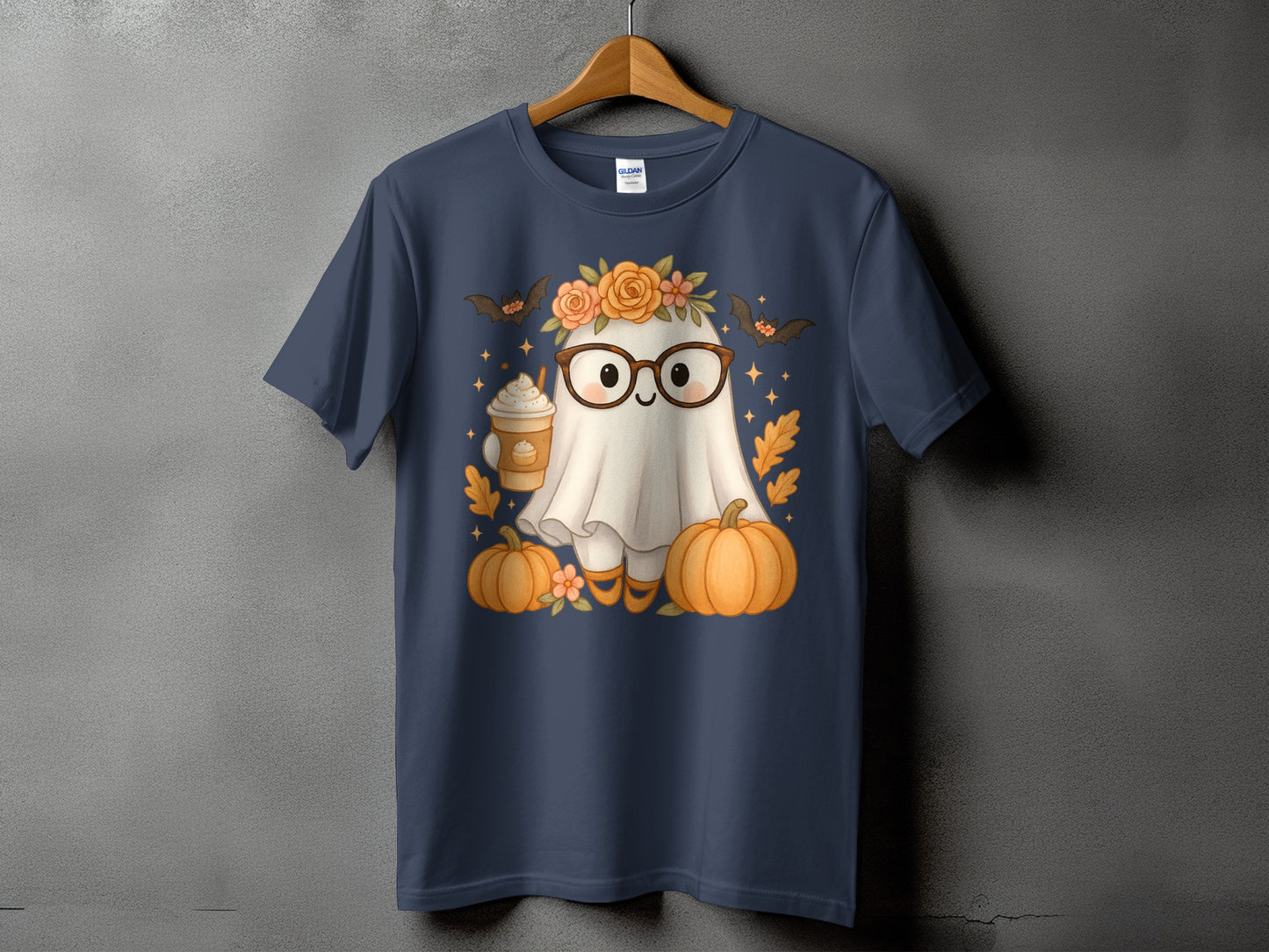 Cute ghost with glasses holding coffee, surrounded by pumpkins and bats.