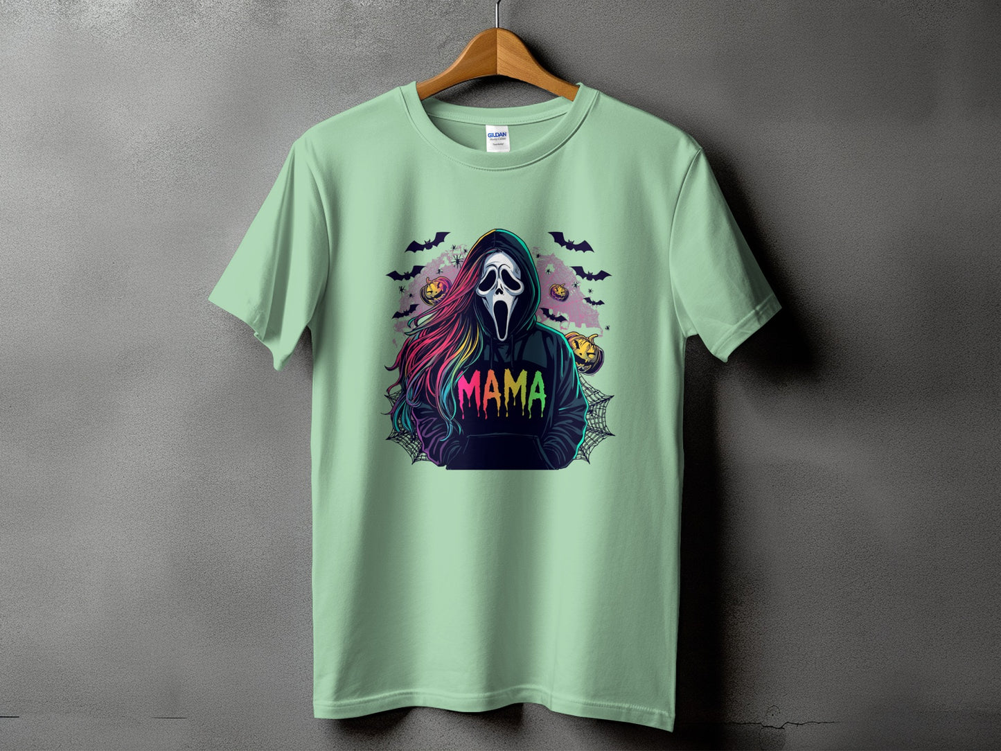 Ghostface "Mama" graphic tee with pumpkins and bats.