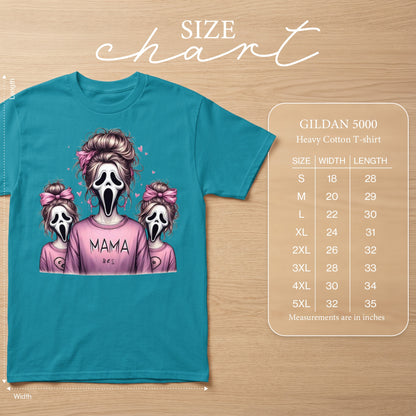 Teal Gildan 5000 t-shirt with "Mama" graphic and size chart.
