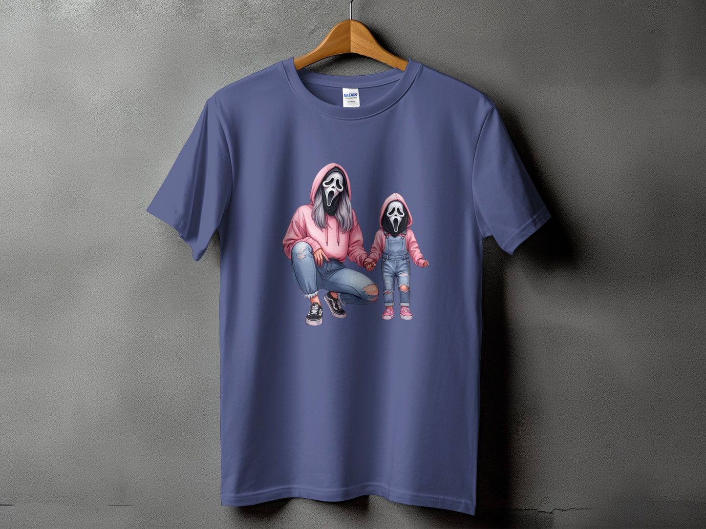 T-shirt with graphic of two figures wearing Ghostface masks and hoodies.
