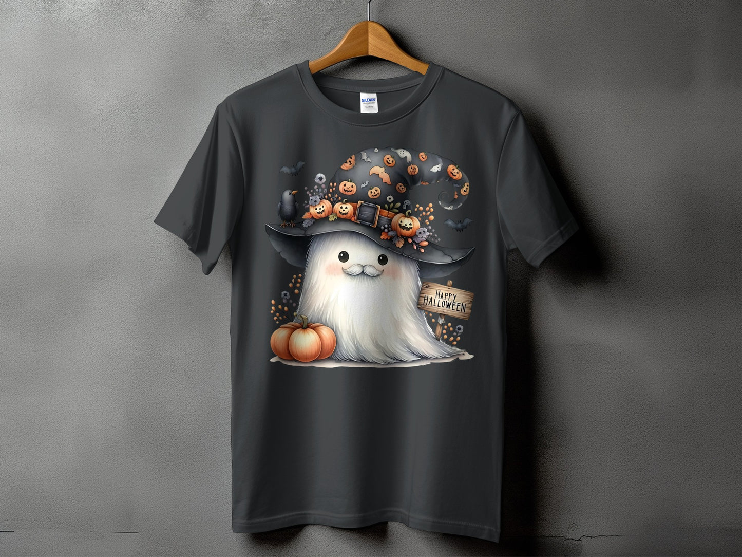 Dark t-shirt with a cute ghost wearing a witch hat and pumpkins, with "Happy Halloween" sign.