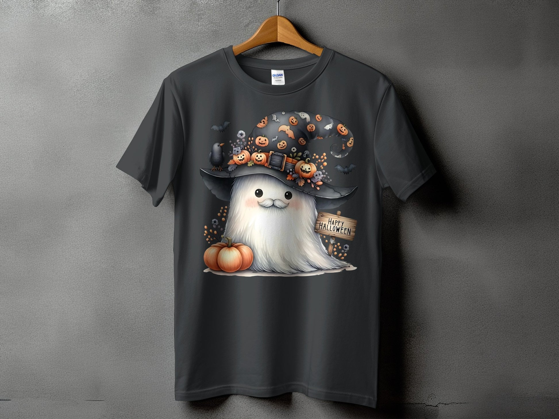 Dark t-shirt with a cute ghost wearing a witch hat and pumpkins, with "Happy Halloween" sign.