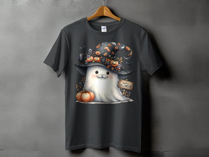 Dark t-shirt with a cute ghost wearing a witch hat and pumpkins, with "Happy Halloween" sign.