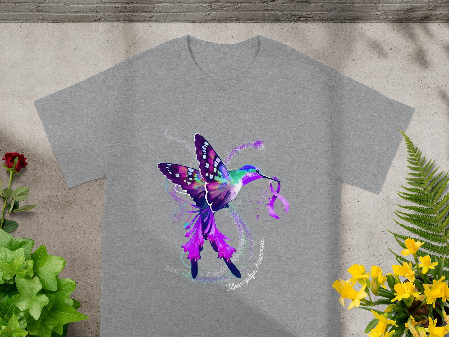 Colorful Artistic Hummingbird Graphic Grey T-Shirt