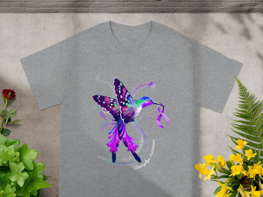 Colorful Artistic Hummingbird Graphic Grey T-Shirt