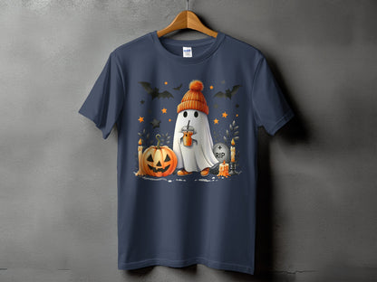 Ghost with pumpkin, candle, and RIP tombstone on a navy t-shirt.