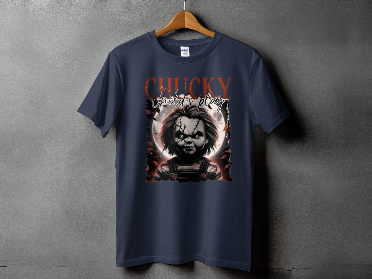 Navy t-shirt with Chucky from Child's Play graphic on front.