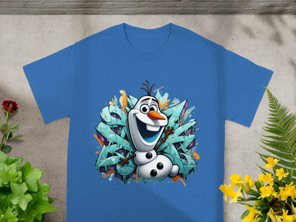 Blue t-shirt with cartoon Olaf character and graffiti background.