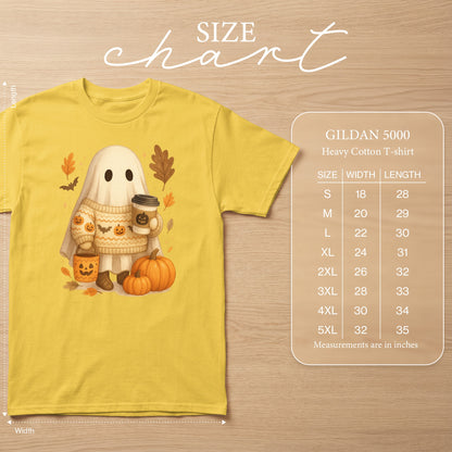 Yellow Gildan 5000 heavy cotton t-shirt with a cute ghost and pumpkins graphic.