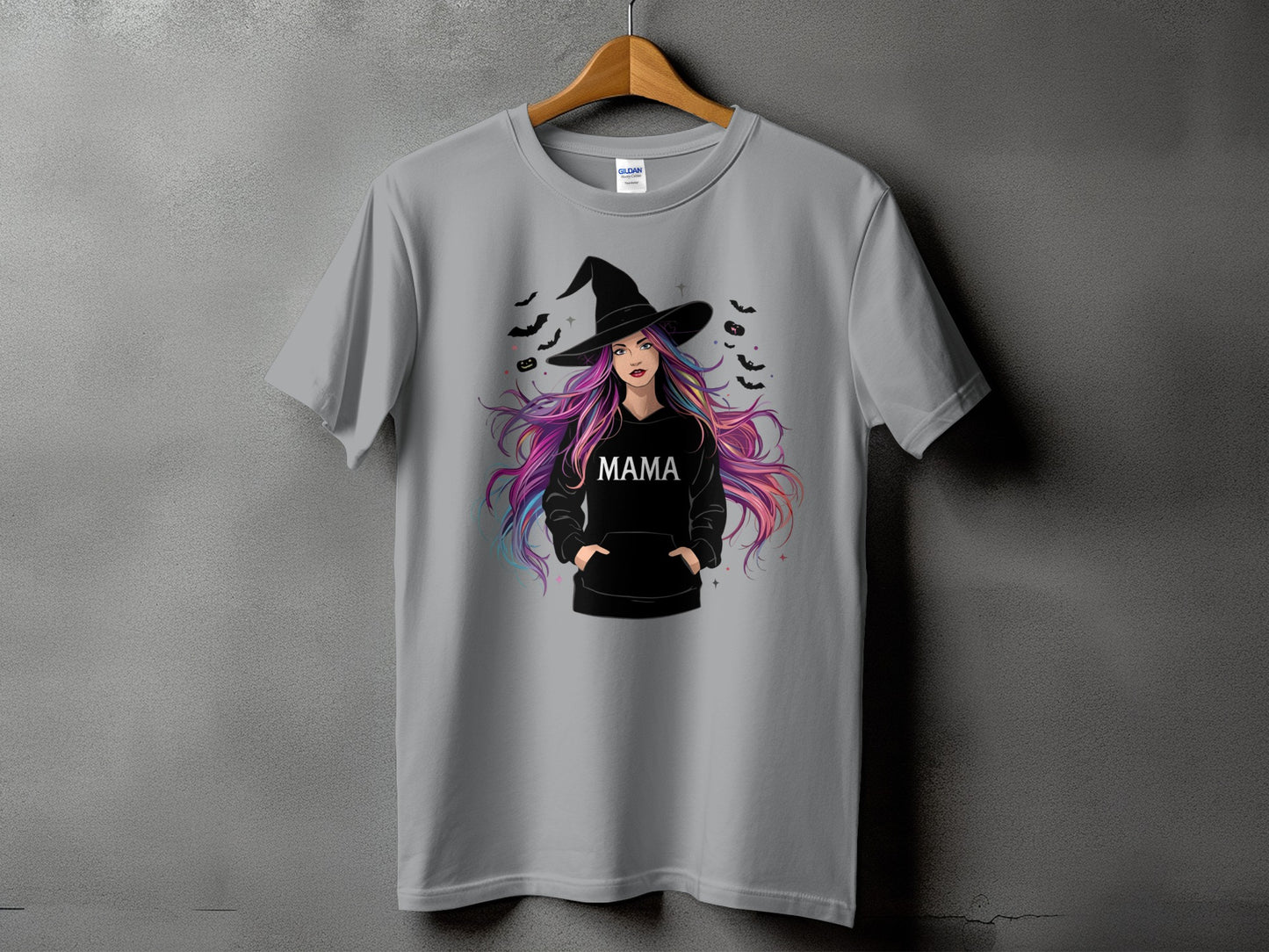 Grey t-shirt with a witch graphic and the word "MAMA".