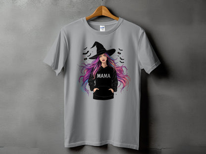 Grey t-shirt with a witch graphic and the word "MAMA".