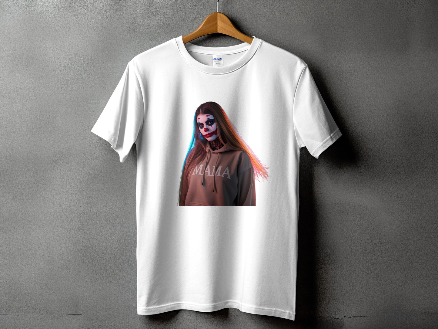 White t-shirt with a graphic of a person in clown makeup wearing a hoodie that says "MAMA".