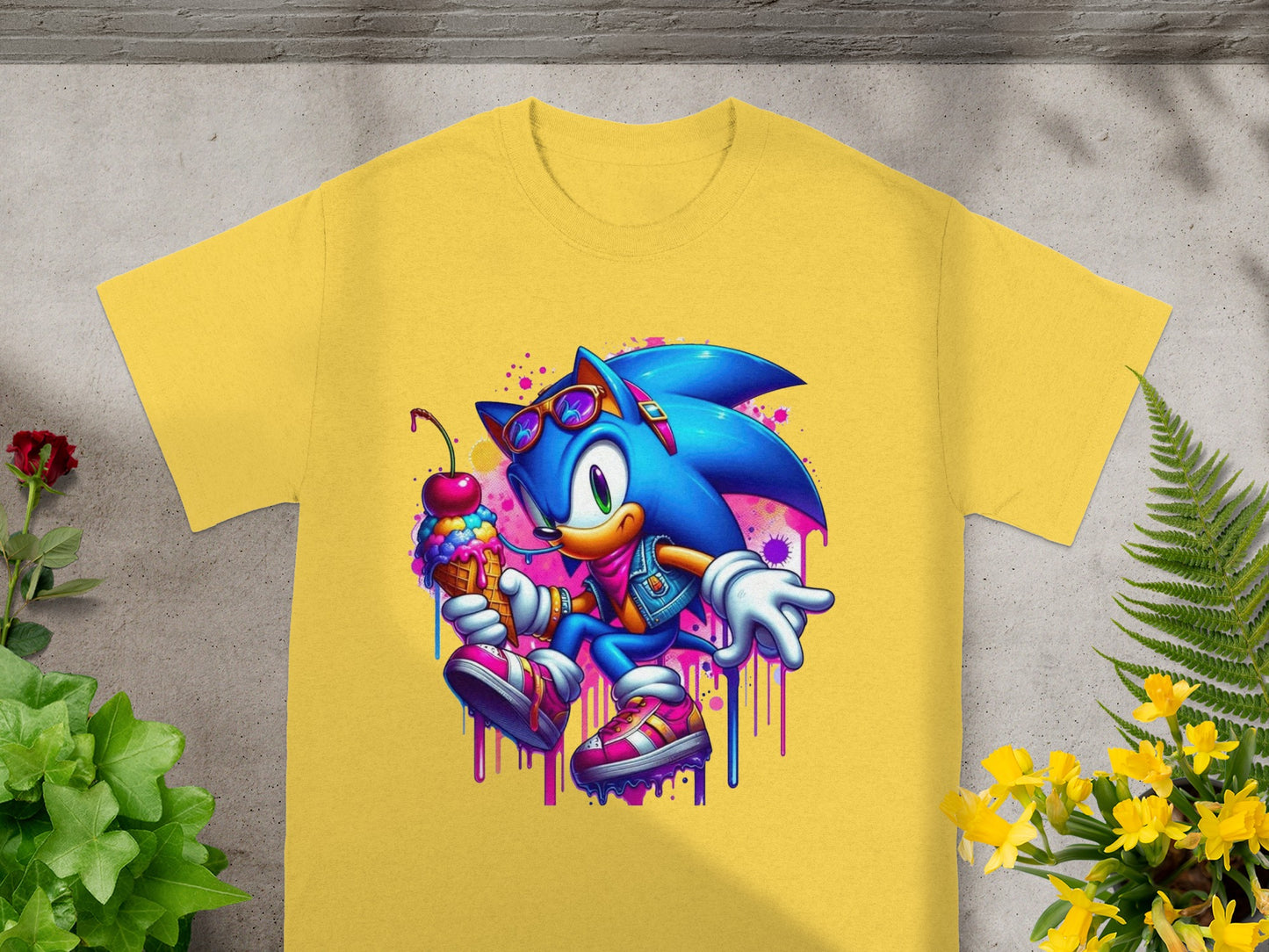 Blue hedgehog holding ice cream cone on yellow t-shirt.