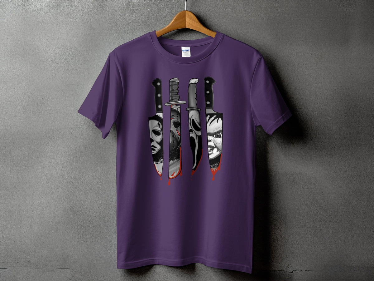 Purple t-shirt with four horror movie character knives dripping blood graphic.