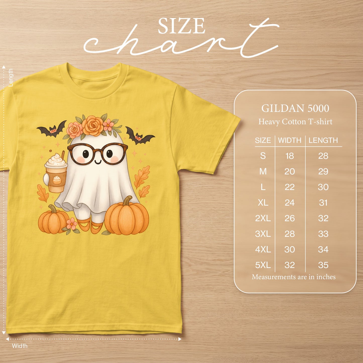 Yellow Gildan 5000 t-shirt with a ghost graphic and size chart.