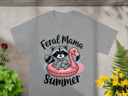 Feral Mama Summer Raccoon Flamingo Design T-Shirt