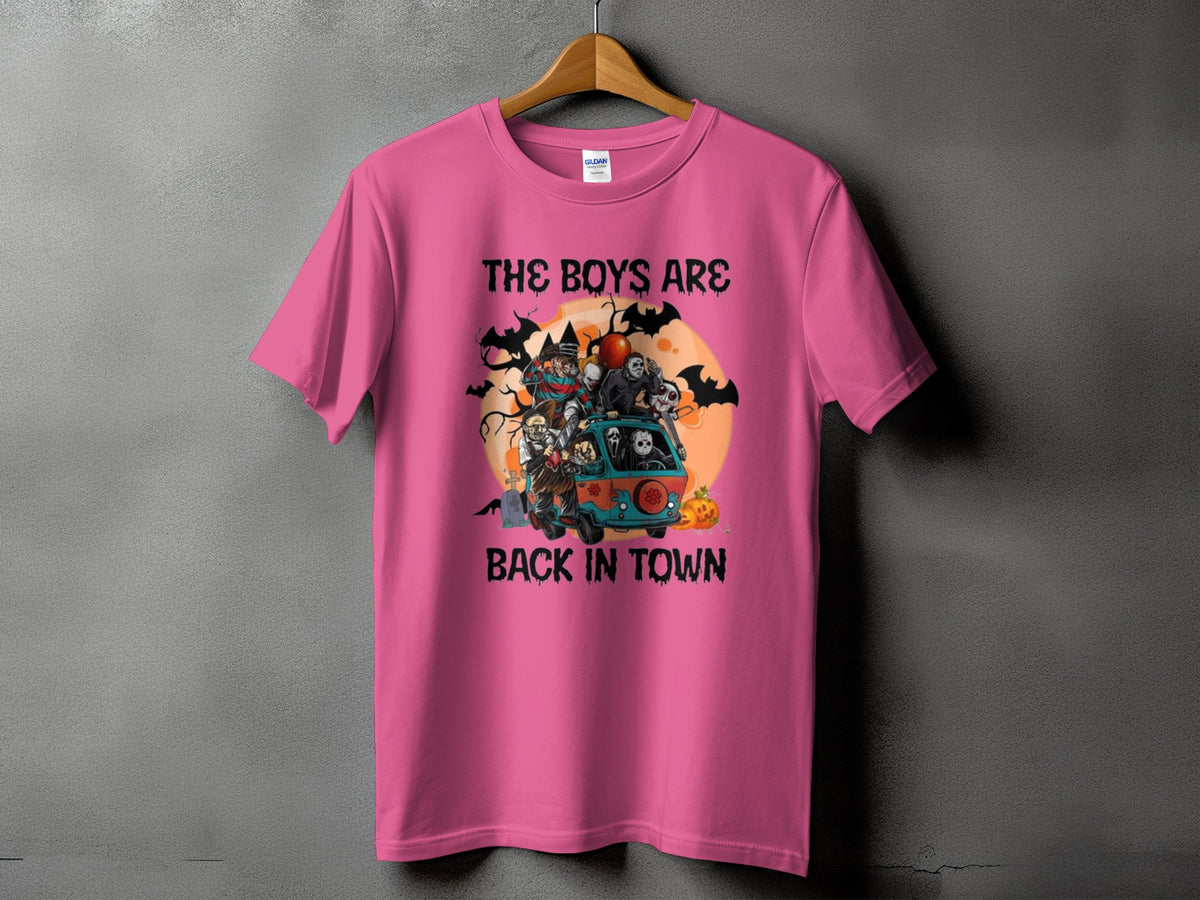 Pink t-shirt with "The Boys Are Back In Town" text and horror movie characters in a van.