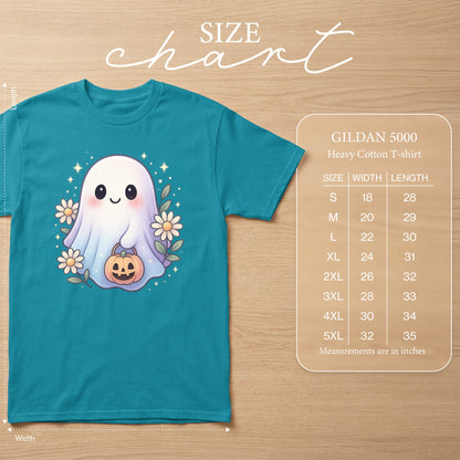 Teal t-shirt with cute ghost holding pumpkin and daisies, size chart included.