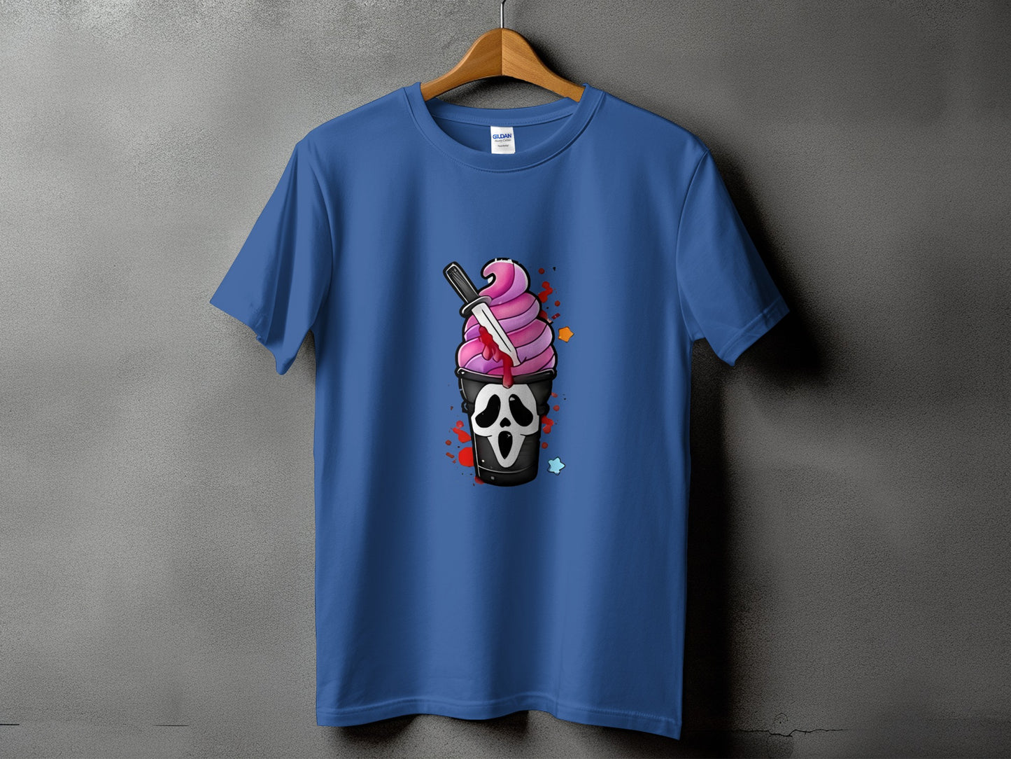 Blue t-shirt with a Ghostface ice cream sundae graphic and a knife.