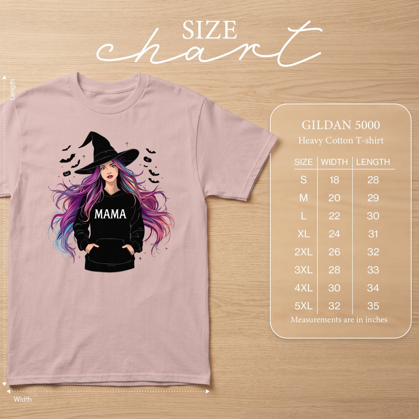 Pink t-shirt with witch graphic and "MAMA" text, includes size chart.