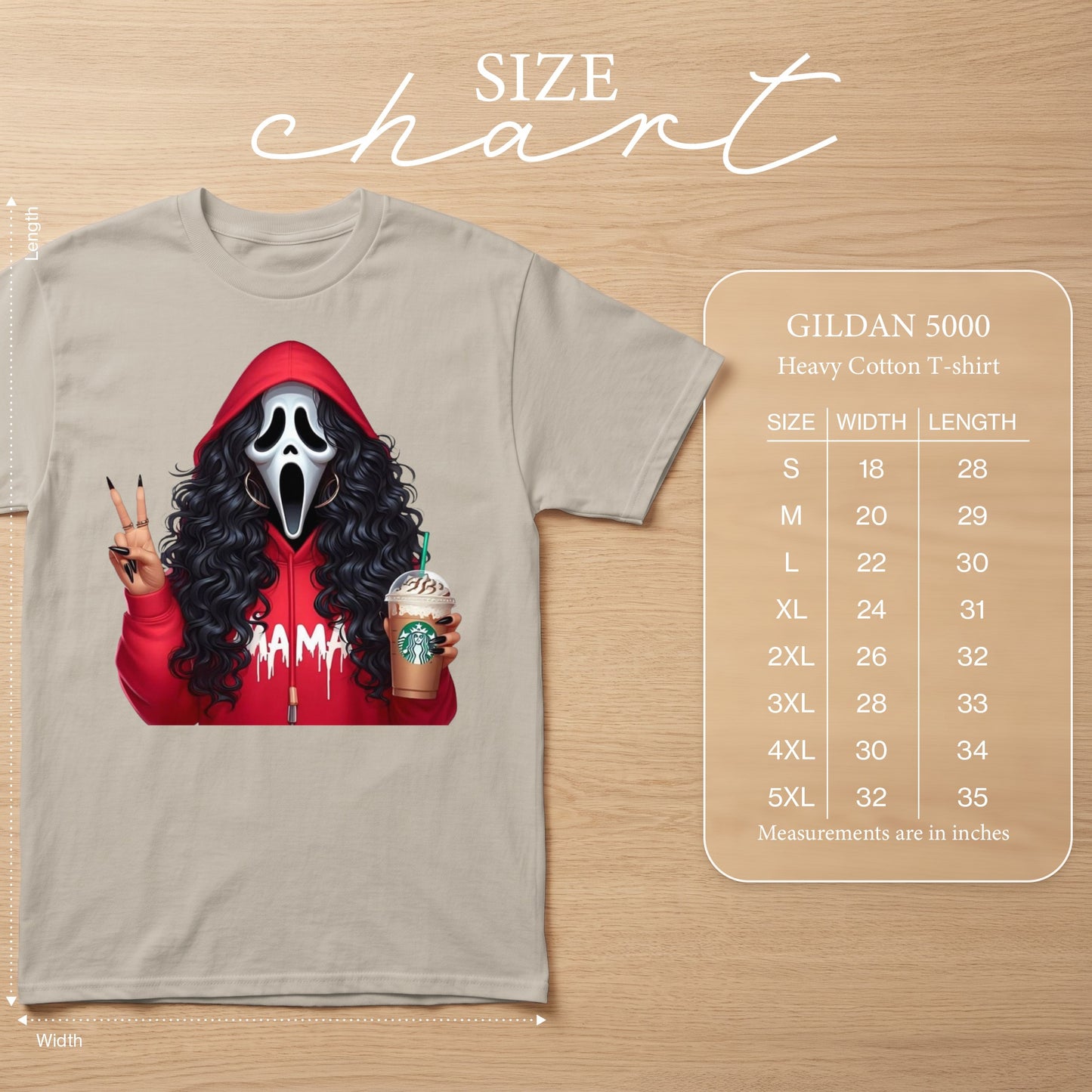Ghostface mask wearing woman in red hoodie, holding Starbucks, with size chart.