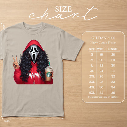 Ghostface mask wearing woman in red hoodie, holding Starbucks, with size chart.