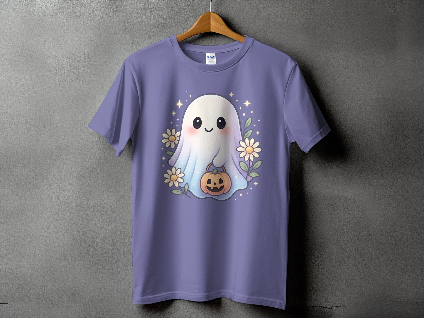 Purple t-shirt with a cute ghost holding a jack-o'-lantern and flowers.