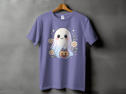 Purple t-shirt with a cute ghost holding a jack-o'-lantern and flowers.