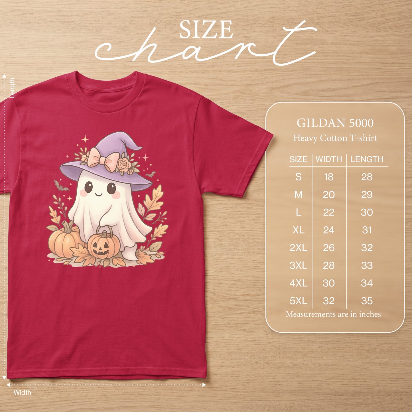 Gildan 5000 size chart with ghost graphic and measurements in inches.