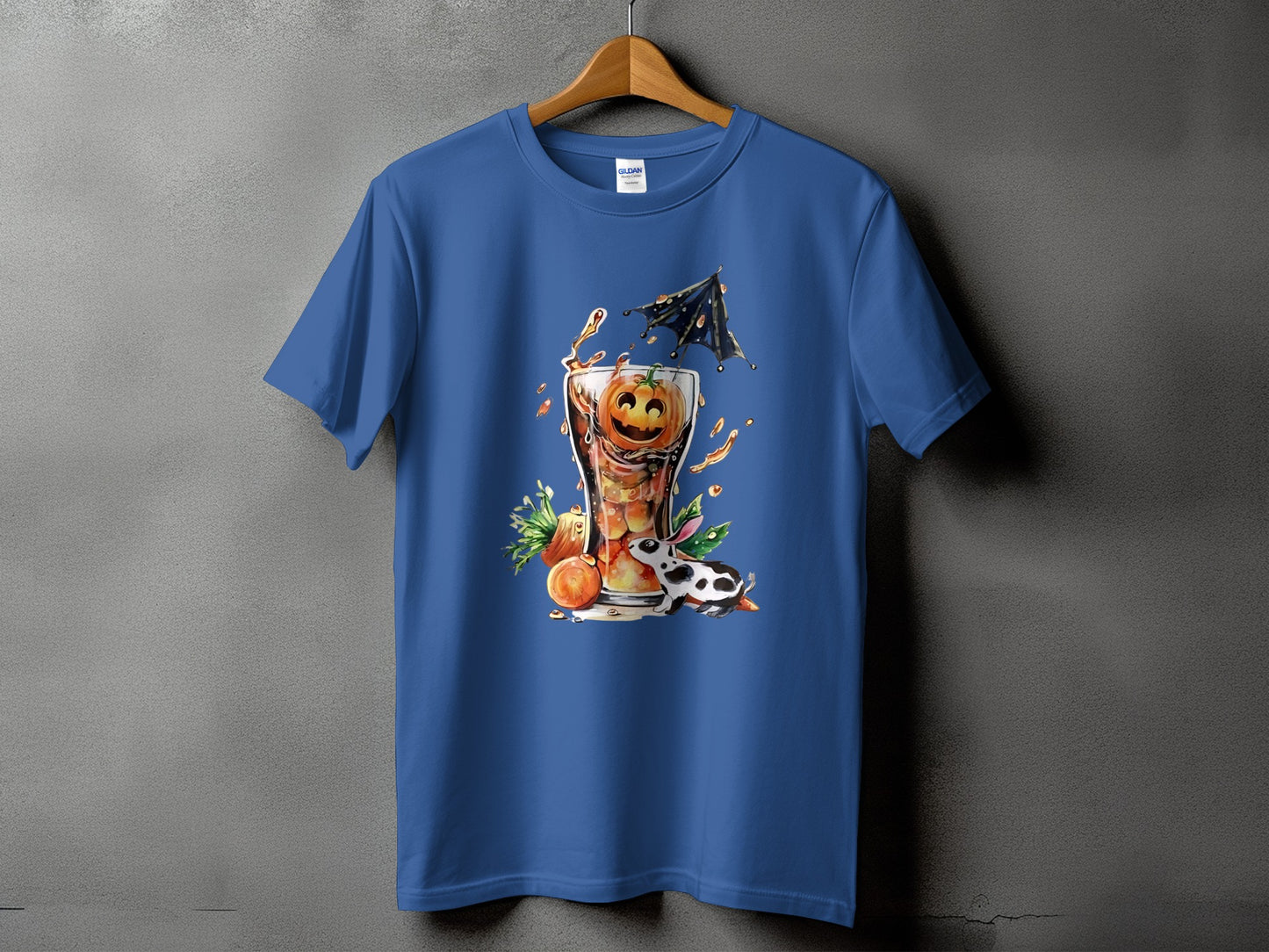 Blue t-shirt with a Halloween drink featuring a jack-o'-lantern and a bunny.