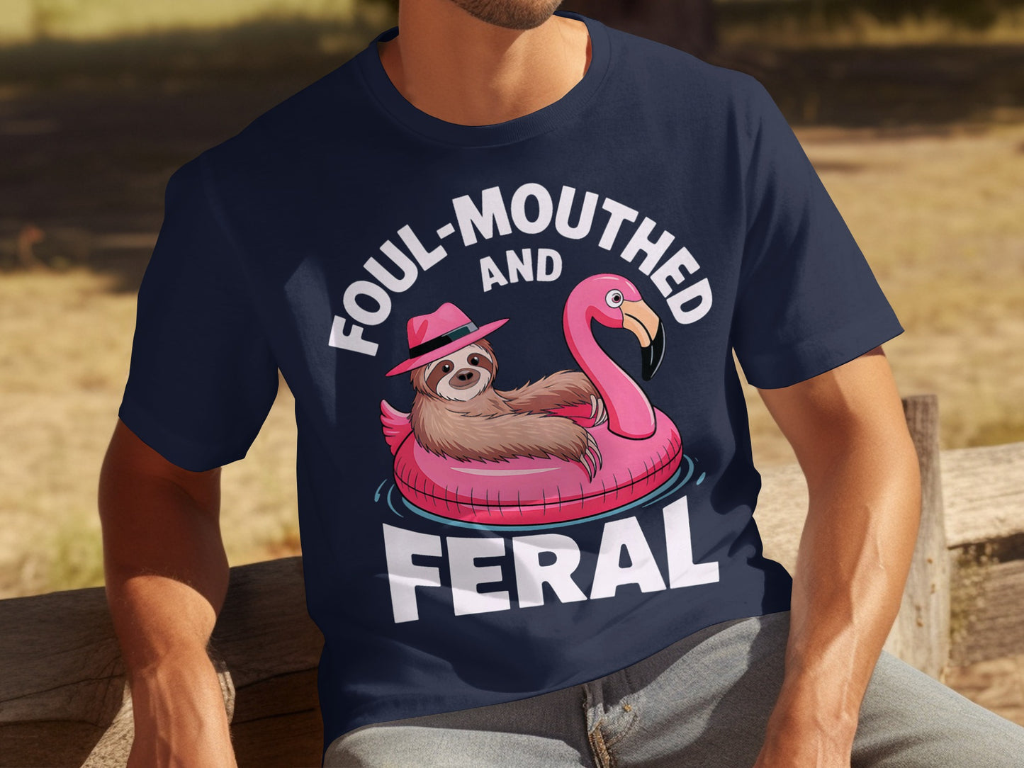 Foul-Mouthed and Feral Sloth Flamingo Print T-Shirt
