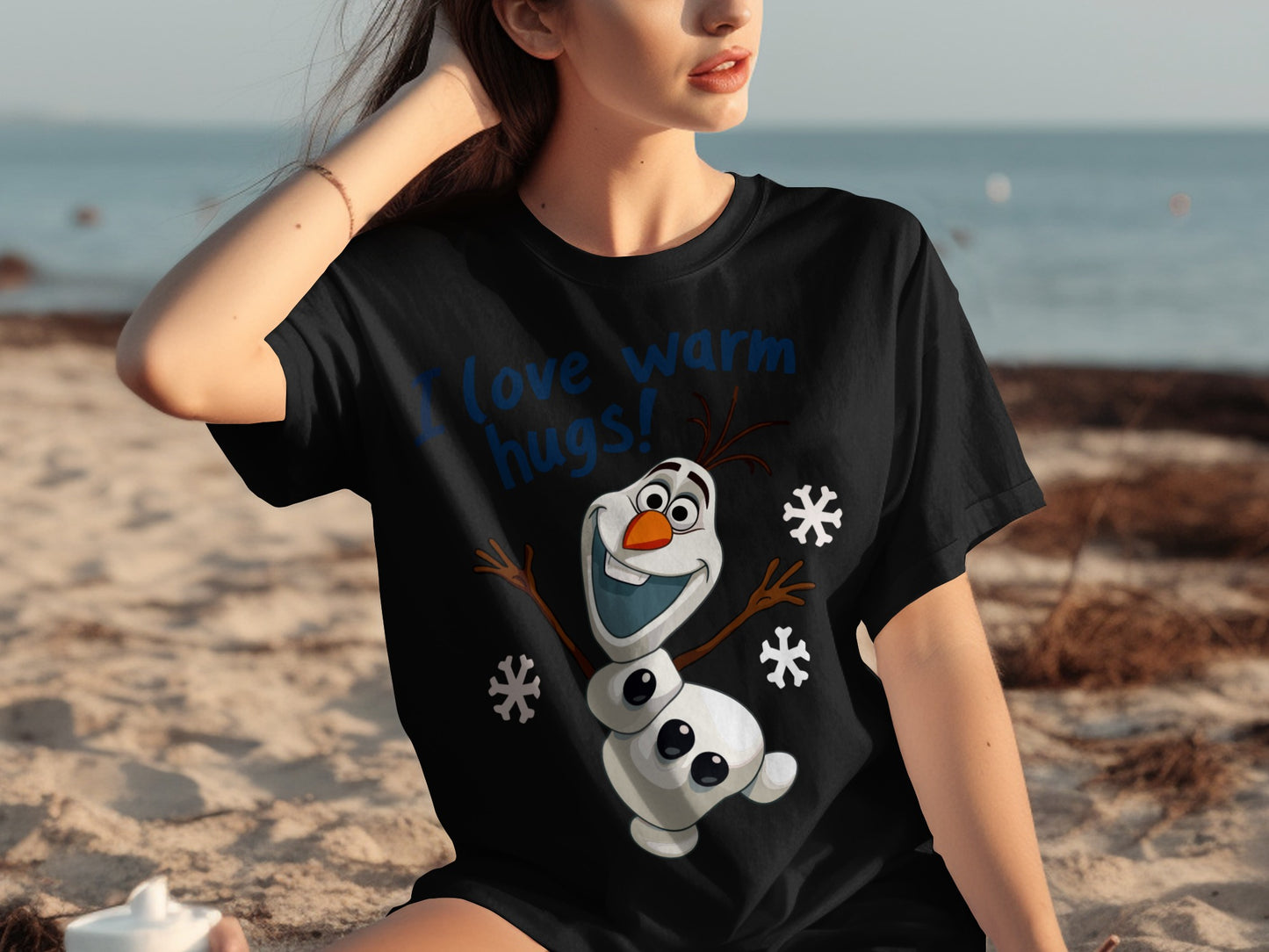 I Love Warm Hugs Olaf Design Black T-shirt